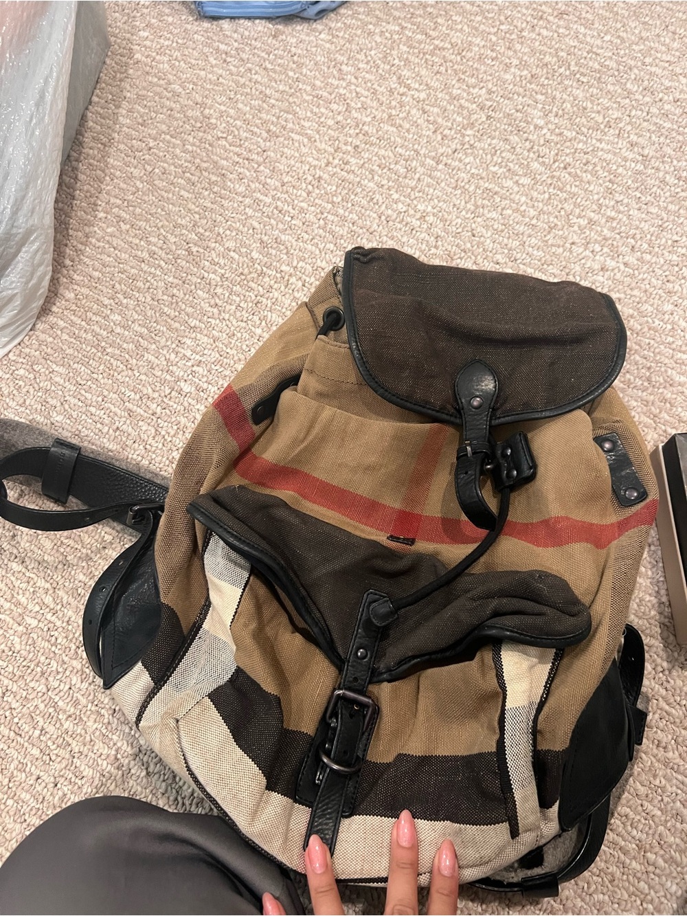 Burberry Brown and Red Striped Canvas Backpack